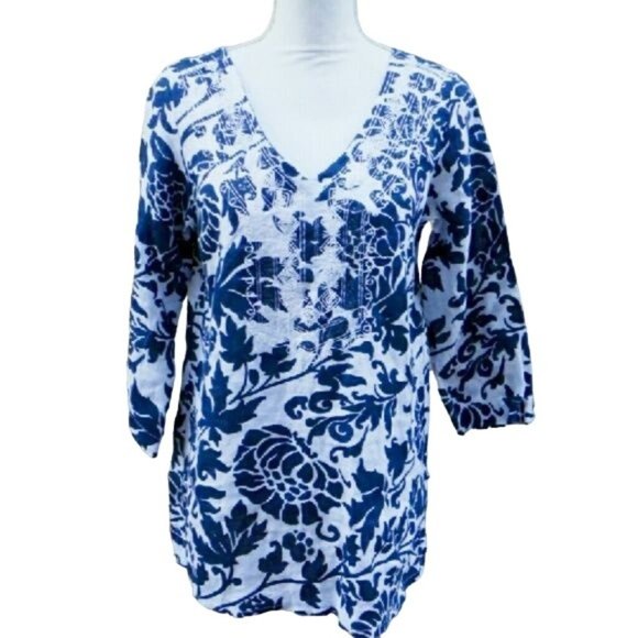 NWT Carla Conti S embroidered tunic blue white - Picture 1 of 3
